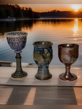 3pc Studio Pottery Stoneware Chalice Goblet Set Blue Brown Rustic Artisan Cup